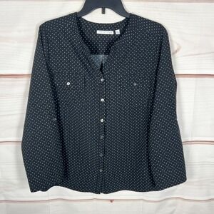 Notations Top Women PXL Black Polka Dot Shirt Button Up Pockets Tab Sleeve Woven